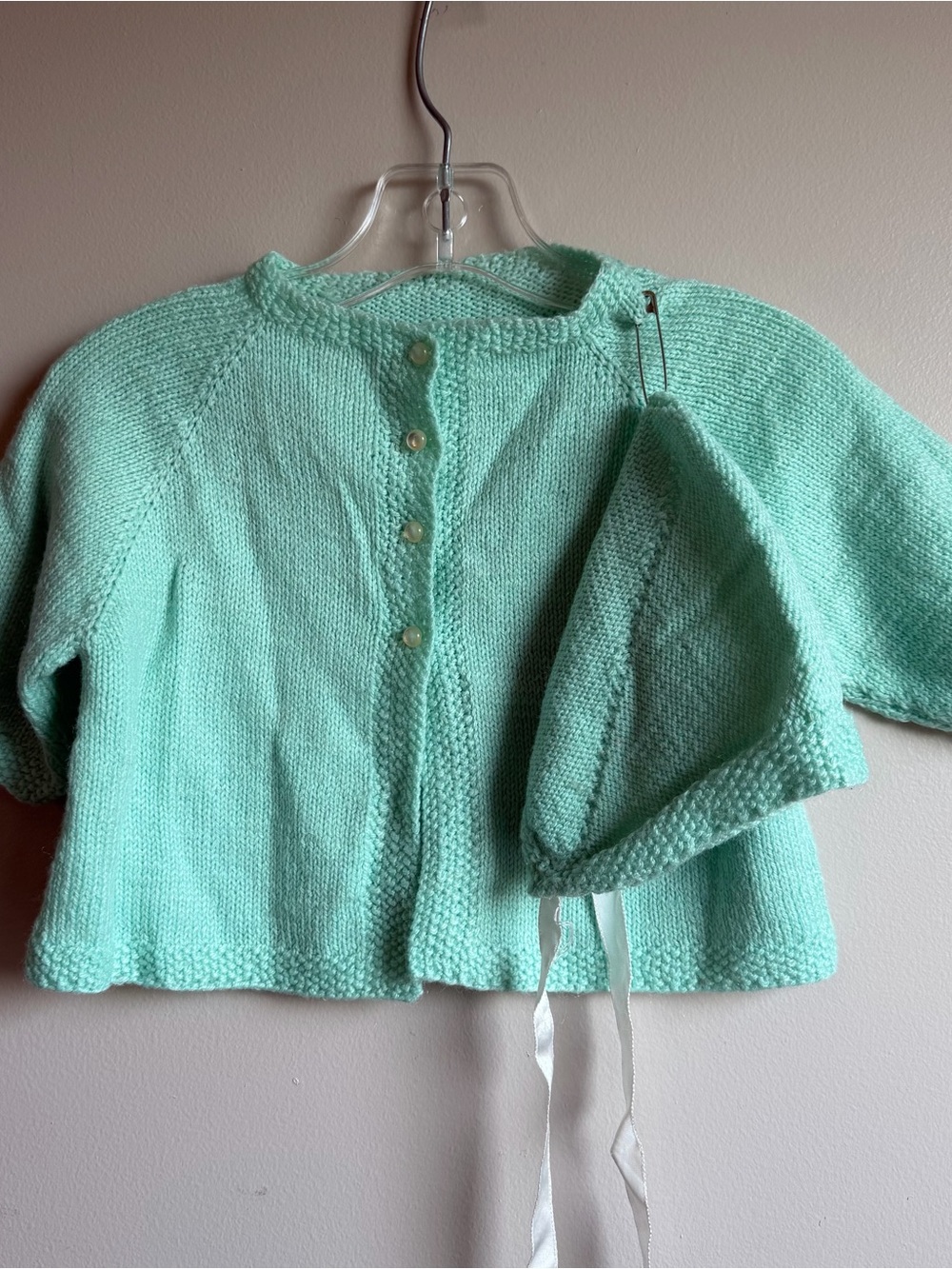 Vintage Handmade Baby Girls Mint Green Knit Cardigan with Bonnet Pearl Button